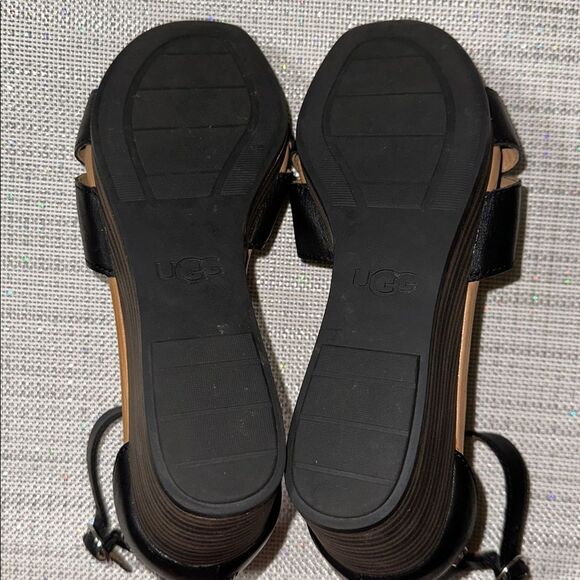 UGG 7.5 Black Tan Interior Cross Cross Ankle Strap Back Zip Wedge Sandals - Picture 11 of 11